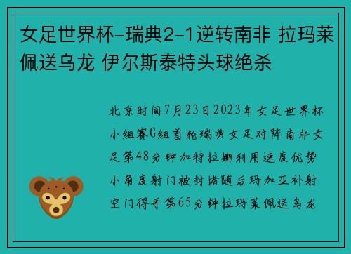 女足世界杯-瑞典2-1逆转南非 拉玛莱佩送乌龙 伊尔斯泰特头球绝杀